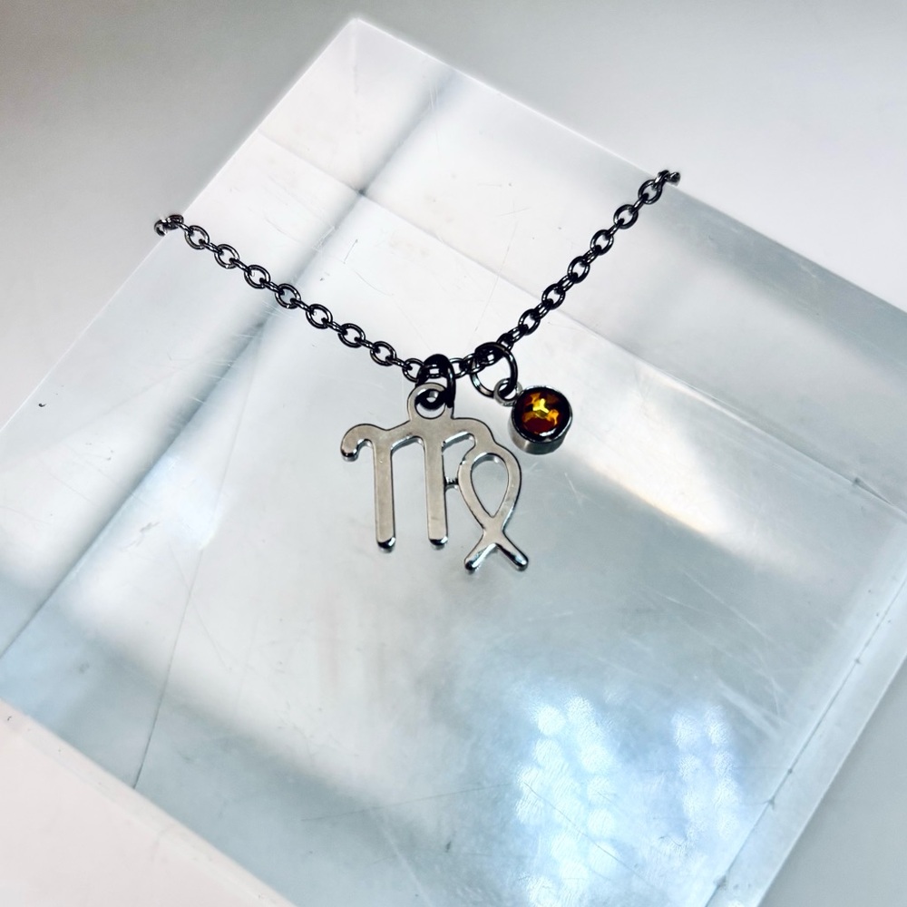 NEW - Virgo “The Maiden” Zodiac Pendant Silver Necklace w Amber Charm